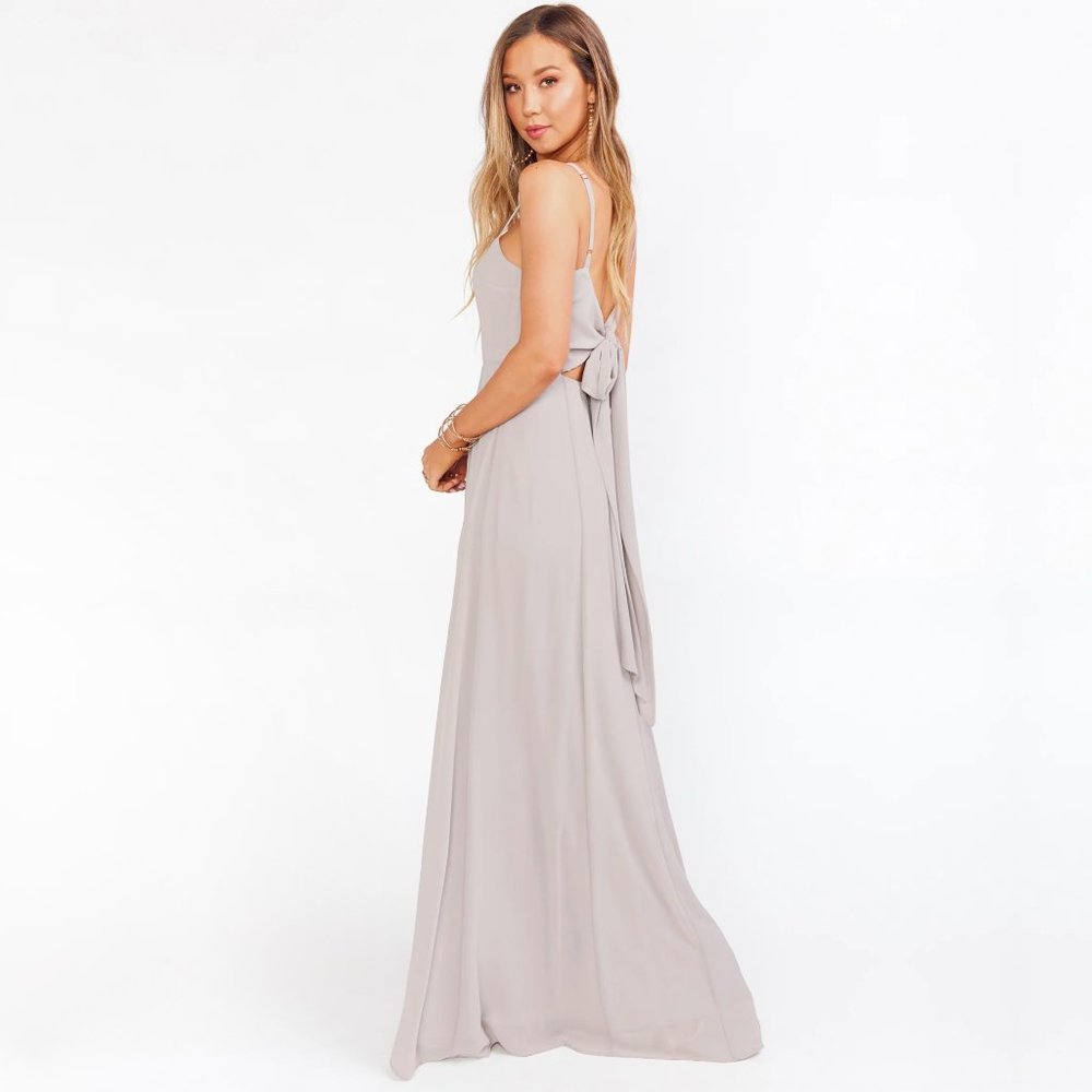 Show Me Your Mumu Lauren Tie Back Dove Grey Chiffon Bridesmaid Maxi Dress - Picture 6 of 16